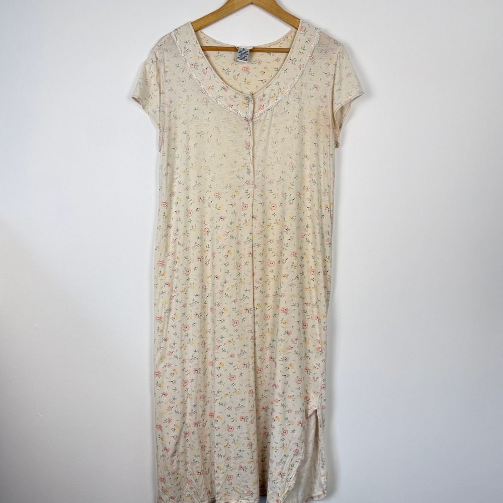 Talbots Intimates Floral Nightgown Medium Cream Cotton Cottagecore Sleepwear